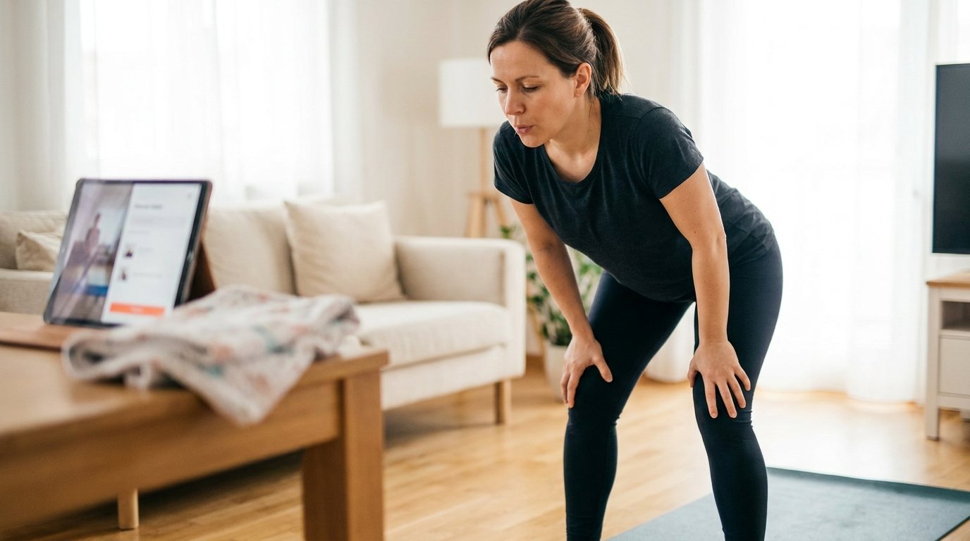 Jeune femme post-partum pratiquant la gymnastique hypopressive sur un tapis dans son salon lumineux, en tenue de sport confortable, posture debout légèrement fléchie, ambiance douce et apaisée, photo réaliste lifestyle, lumière naturelle