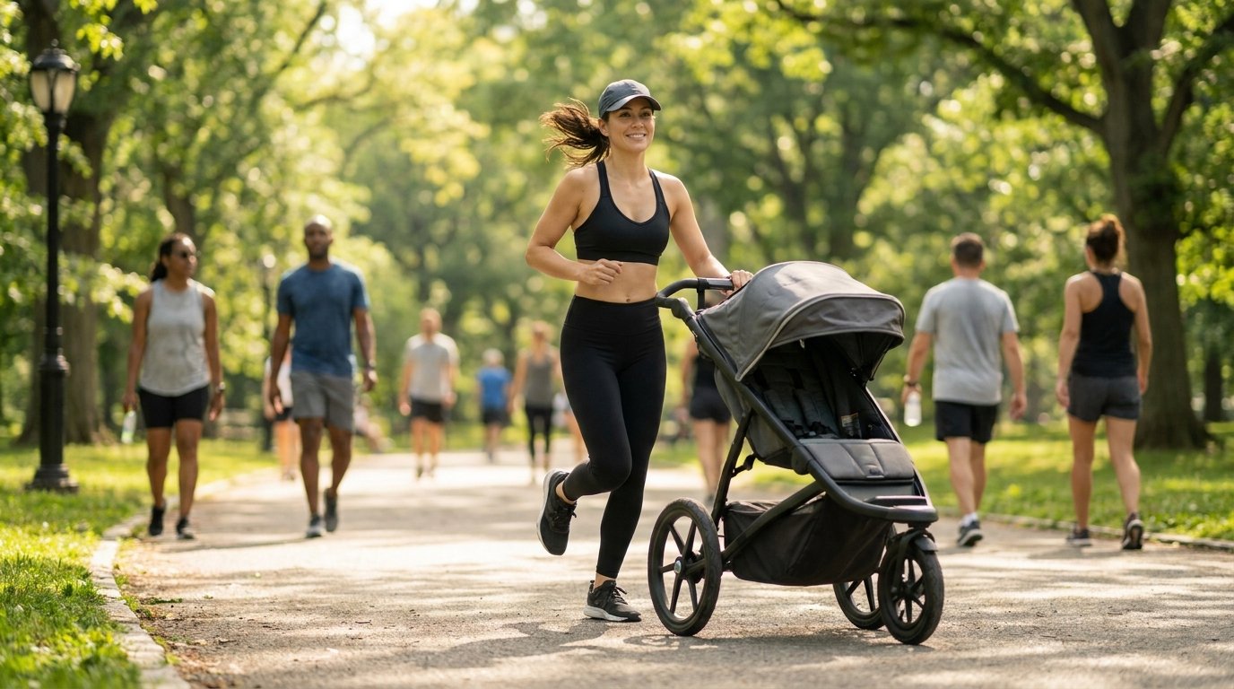 Jeune mère post-partum reprenant la course à pied dans un parc, programme progressif après accouchement