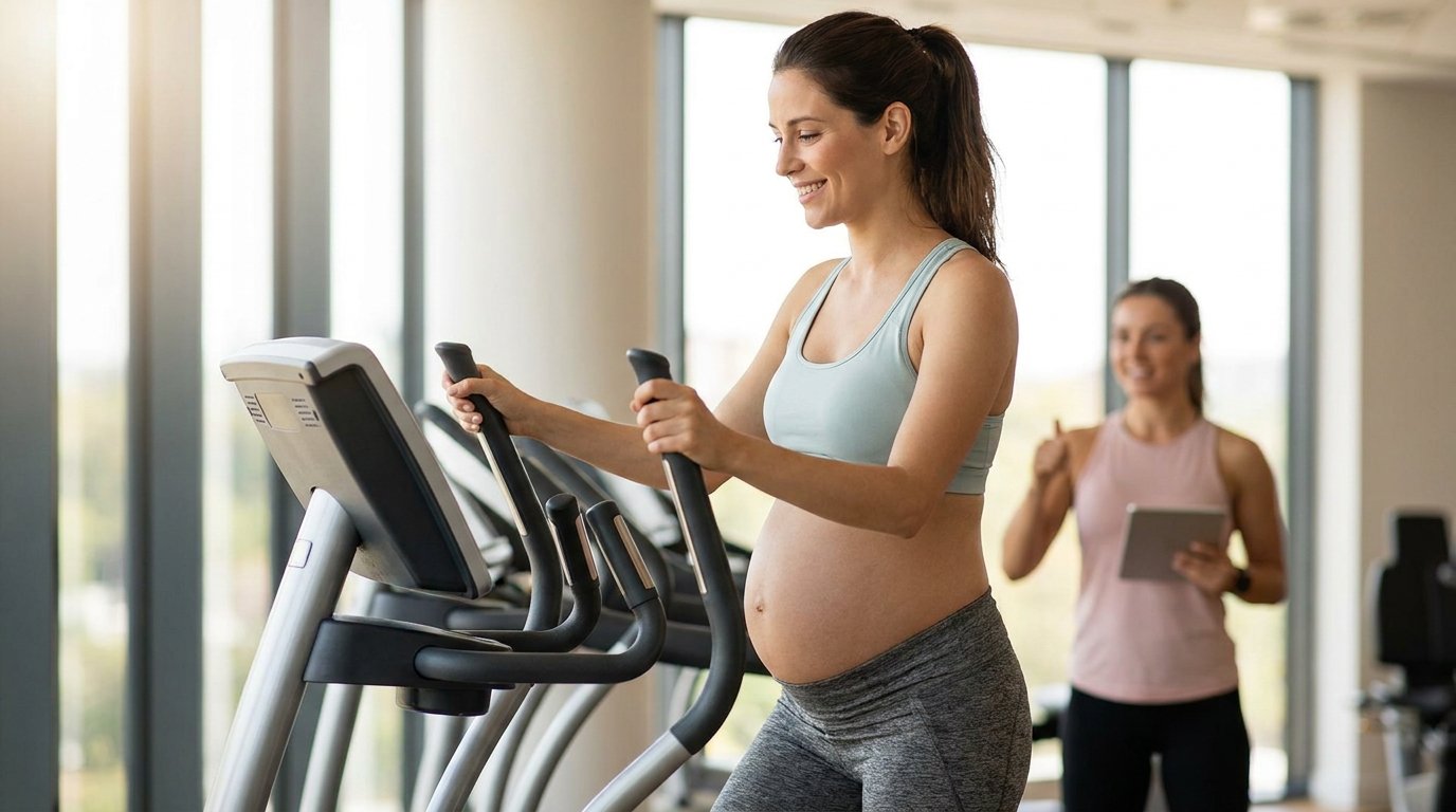 Femme enceinte pratiquant le vélo elliptique en salle de sport