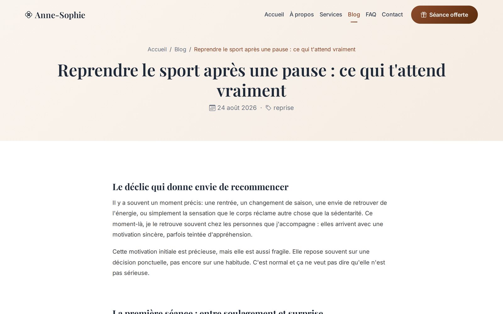 Aperçu d'un article de blog généré et publié sur le site d'un coach