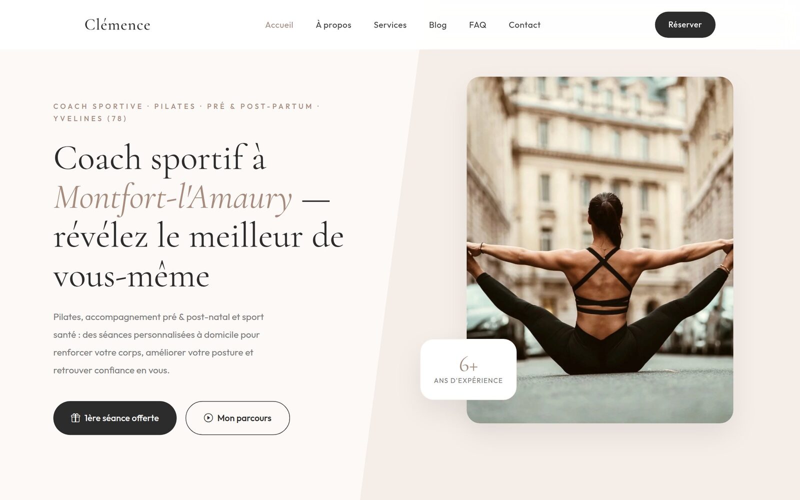 Page d'accueil du site de Clemence, coach Pilates cliente de Tout en Coach