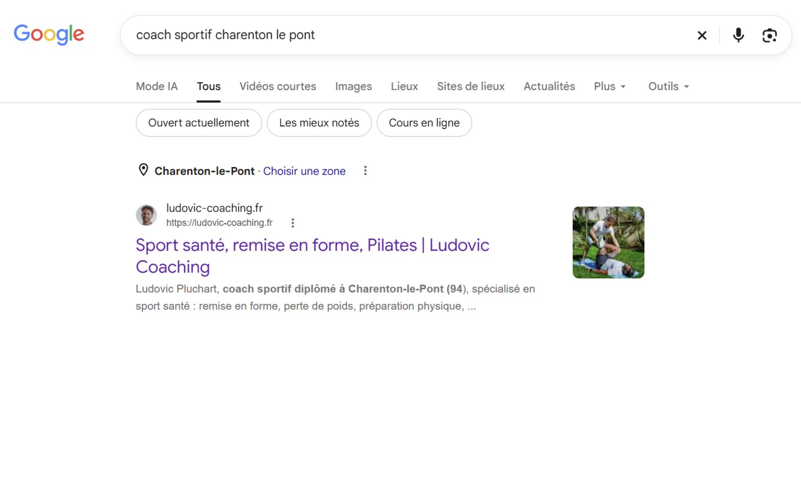 Resultat Google du 15/09/2026 : ludovic-coaching.fr en 1er resultat naturel sur la recherche coach sportif Charenton-le-Pont