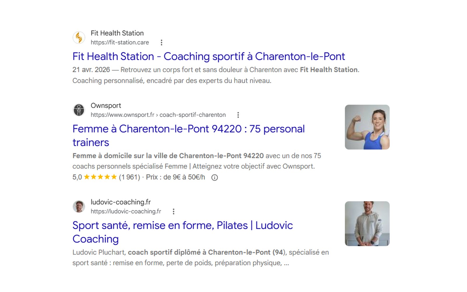 Resultat Google du 22/09/2026 : ludovic-coaching.fr en 3e resultat naturel sur la recherche coach sportif Charenton-le-Pont