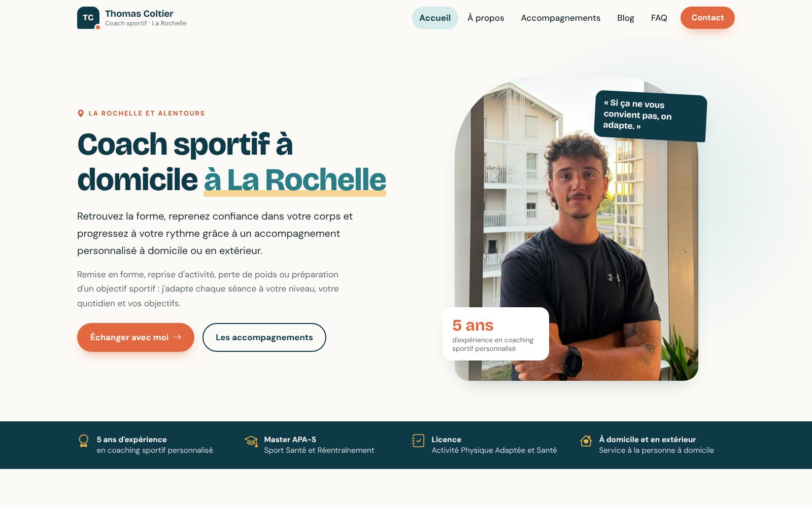Page d'accueil du site de Thomas, coach sportif à La Rochelle client de Tout en Coach